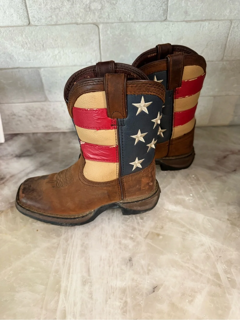 Durango Kids Brown Cowboy Boots with Red, White, and Blue Flag Shaft